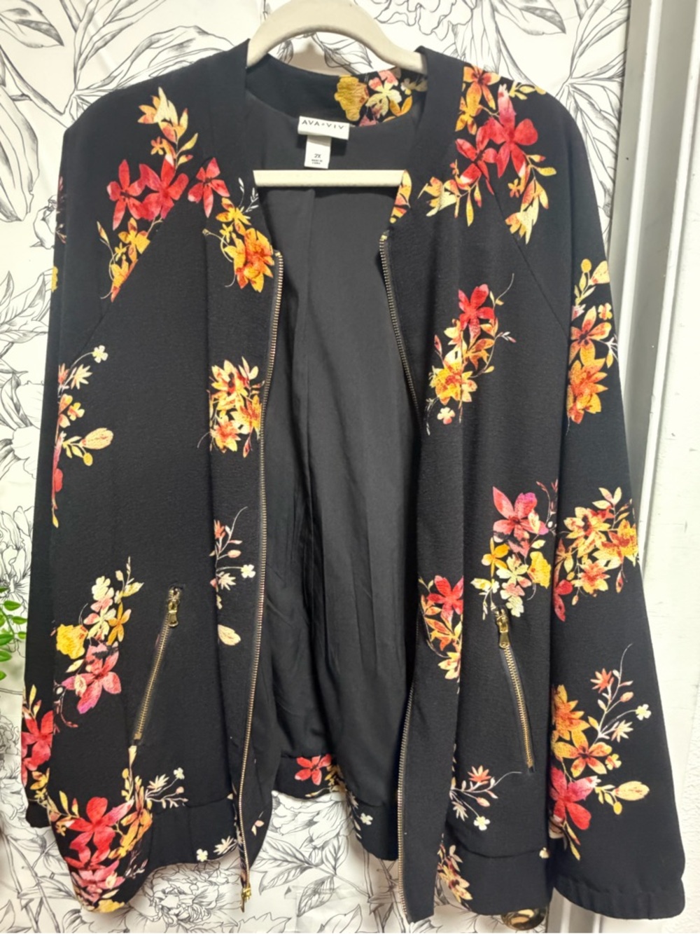 Ava & Viv Black Bomber Jacket with Red & Yellow Floral Print